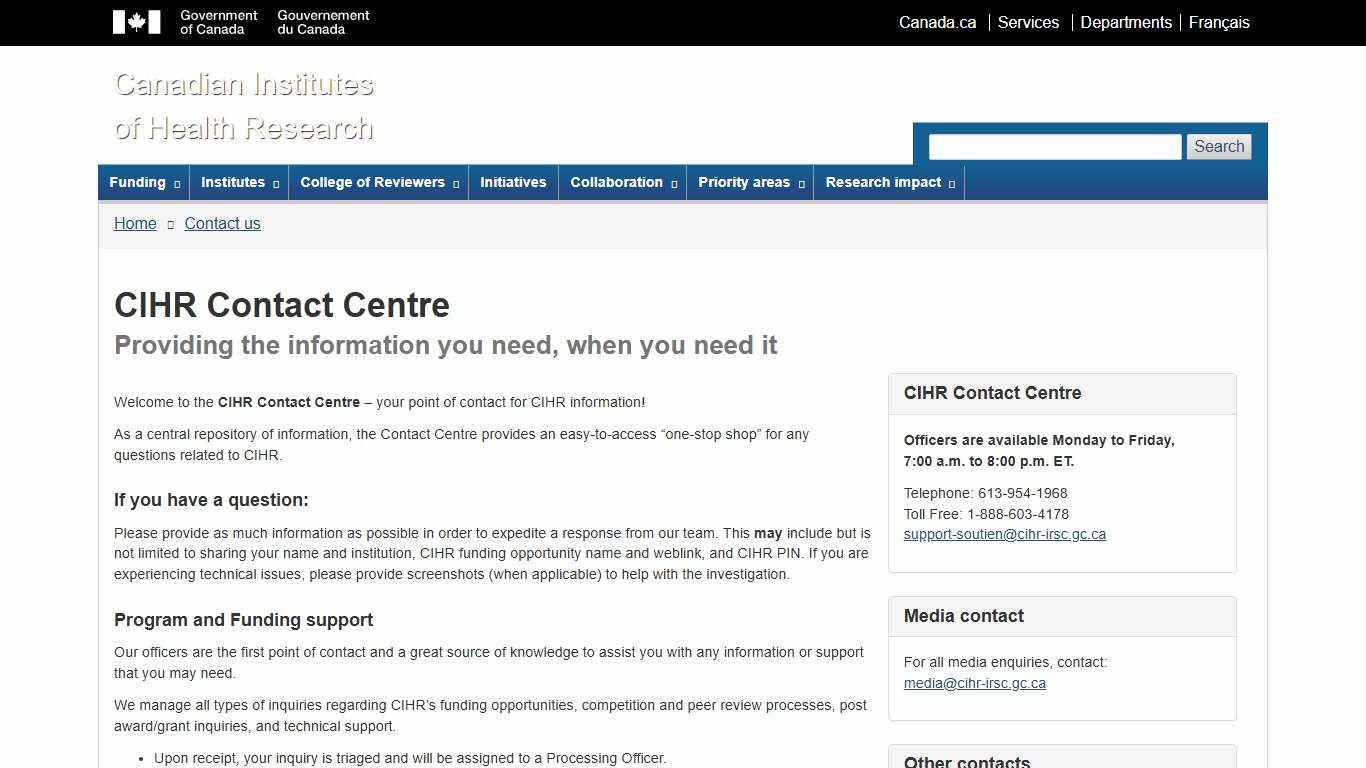 CIHR Contact Centre - CIHR